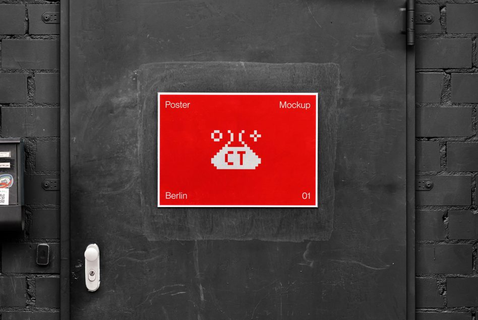 Urban poster mockup on a black metal door, with a red design and pixelated graphic, ideal for presentations and branding.